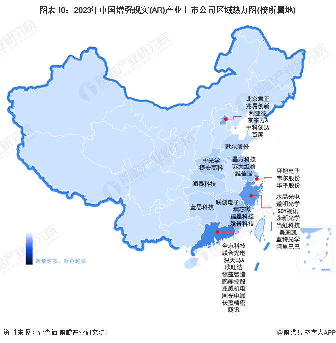 图表10：2023年中国增强现实(AR)产业上市公司区域热力图(按所属地)